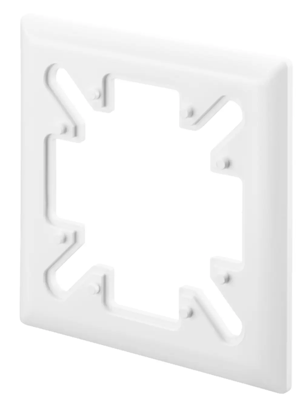 Weißer Abdeckrahmen von Oventrop, gestaltet für die Montage von Funkthermostaten, mit Aussparungen zur Befestigung und cable Management.